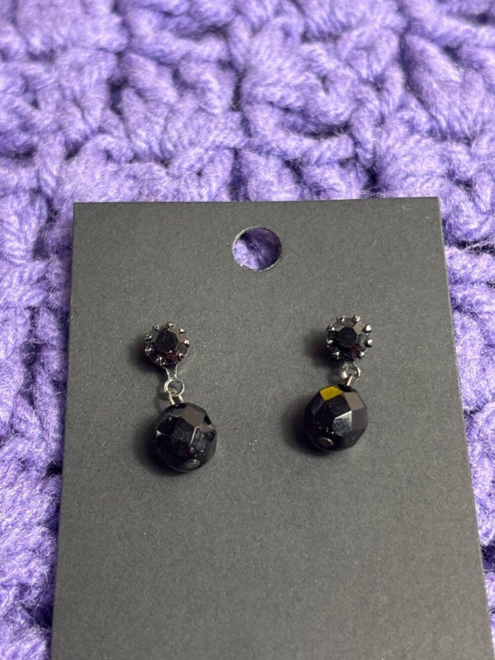Black Rhinestone Bead Dangle Earrings Silvertone 0.75 inch